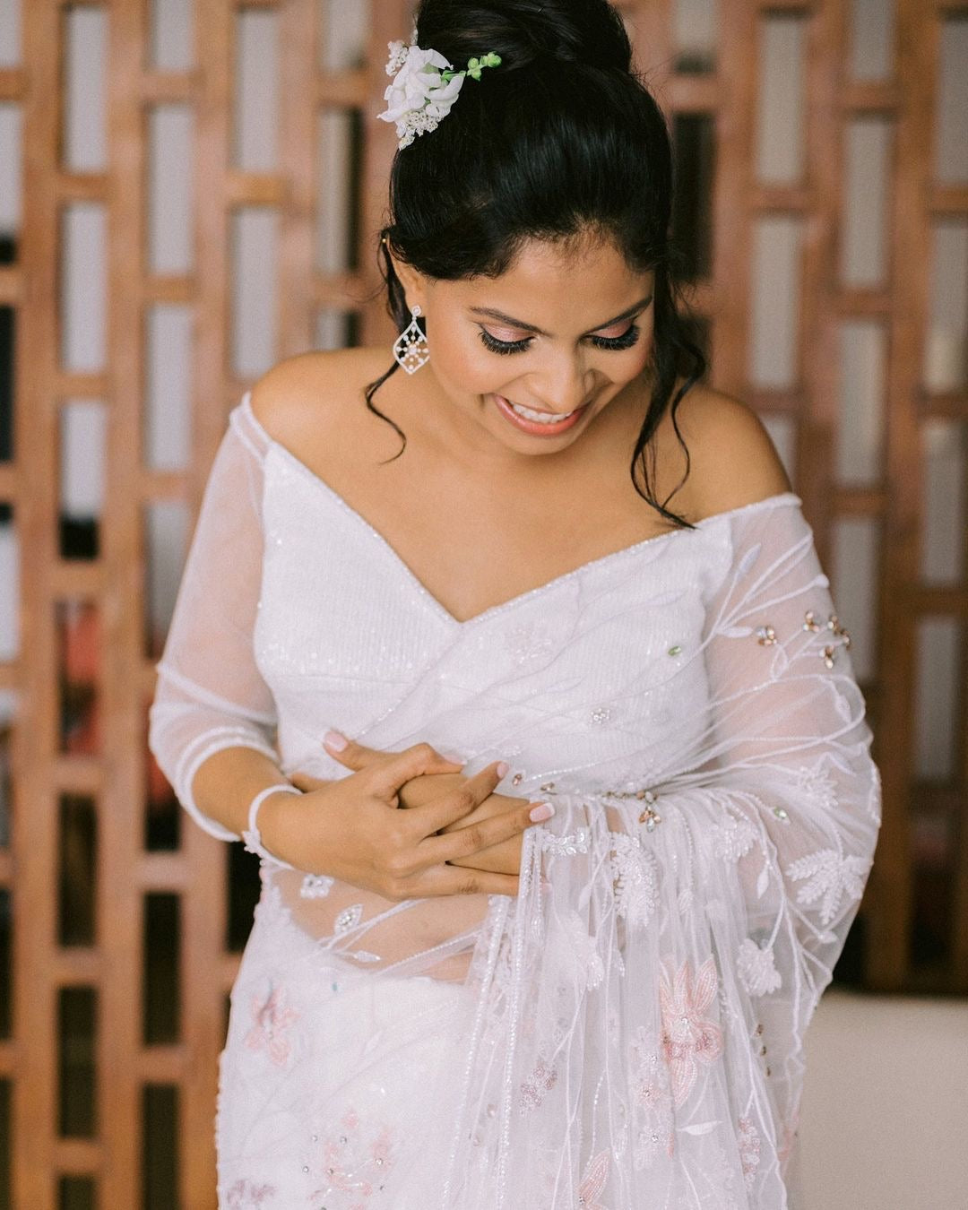 White & Cantaloupe Embellished Saree Set Design by Shreya Agarwal at  Pernia's Pop Up Shop 2024