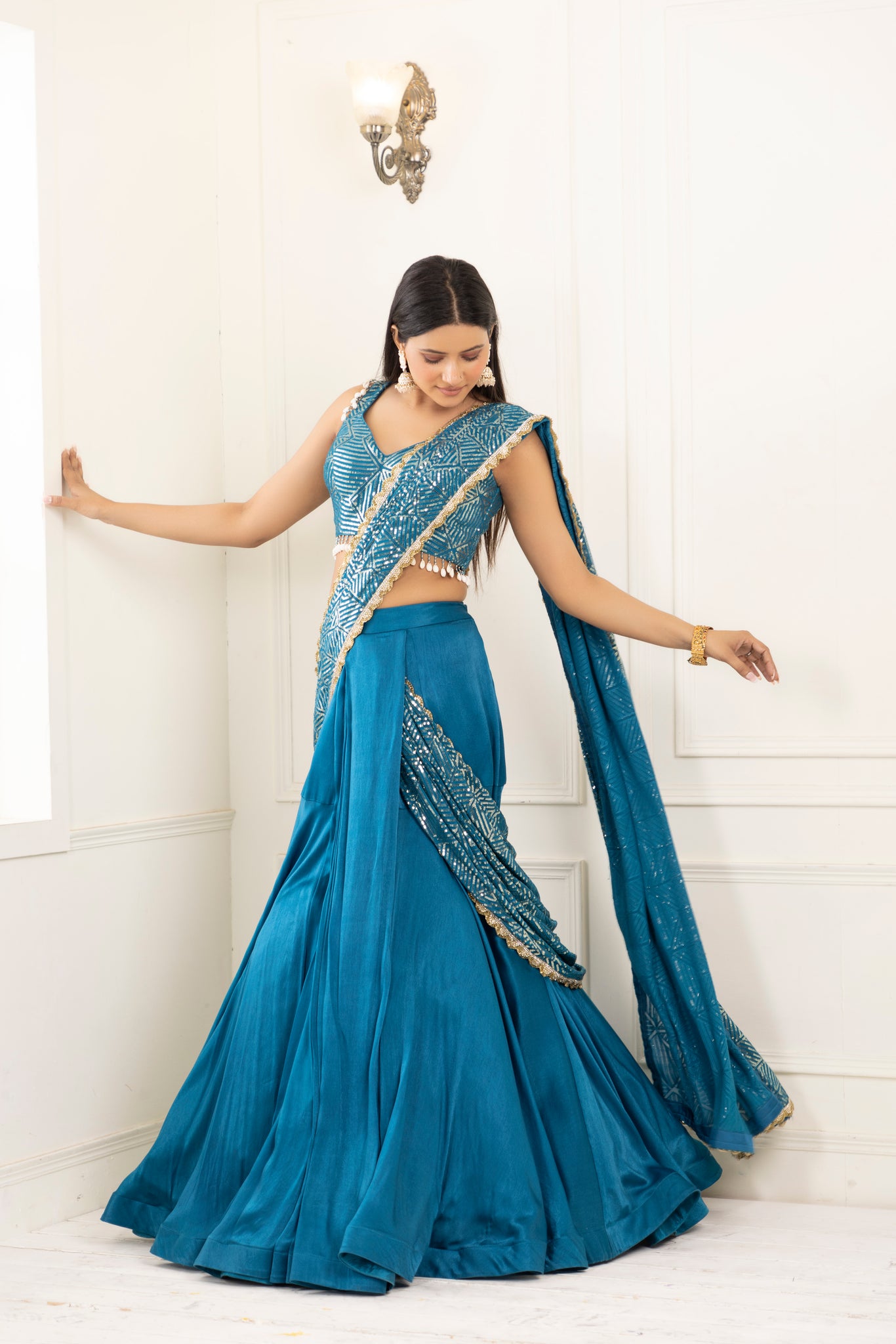 Blue with Stone and Bead work Half Saree Styled Lehenga Choli for Girl –  Seasons Chennai