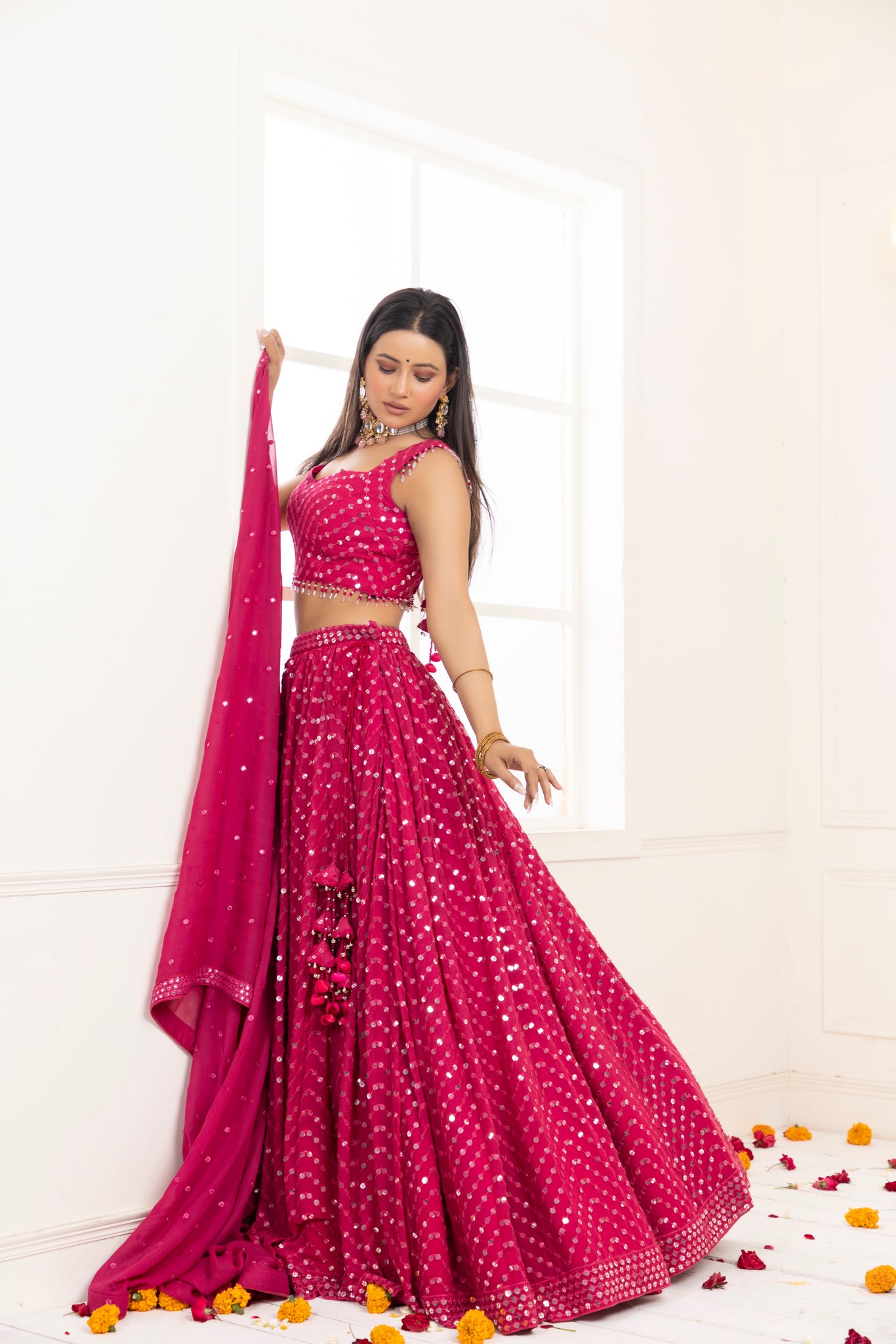 Rani Pink Colour Embroidered Attractive Party Wear Georgette Lehenga c